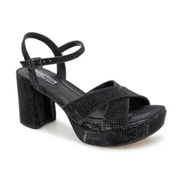 Reaction Kenneth Cole 10 Reva Platform Y2K Shiny Black Textured Heels - Picture 1 of 14